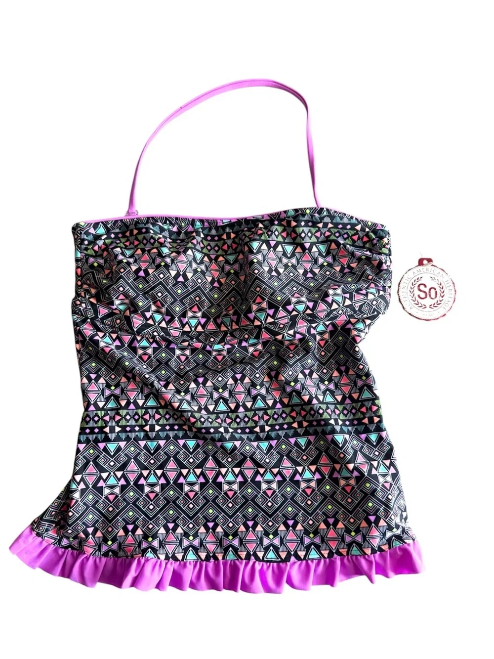 SO Girls Black Geometric Pink Accent Tankini Top. Size S
